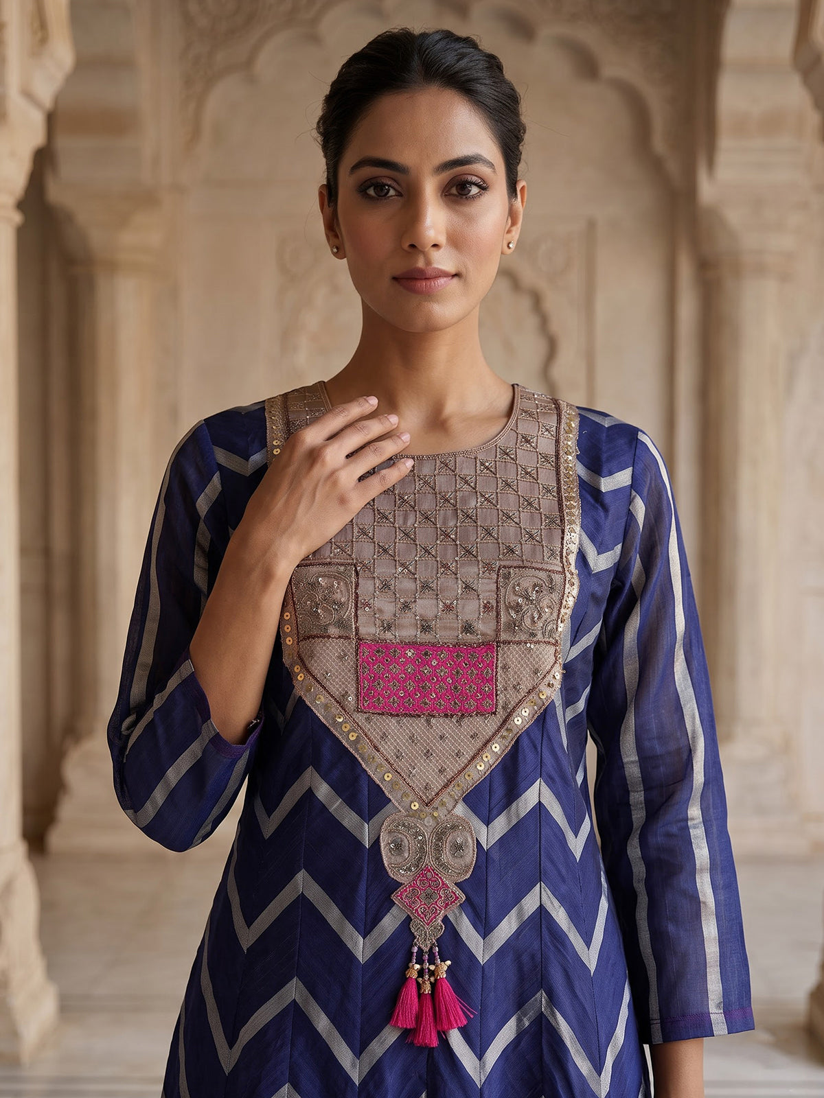 Navy blue silk blend anarkali salwar with dupatta
