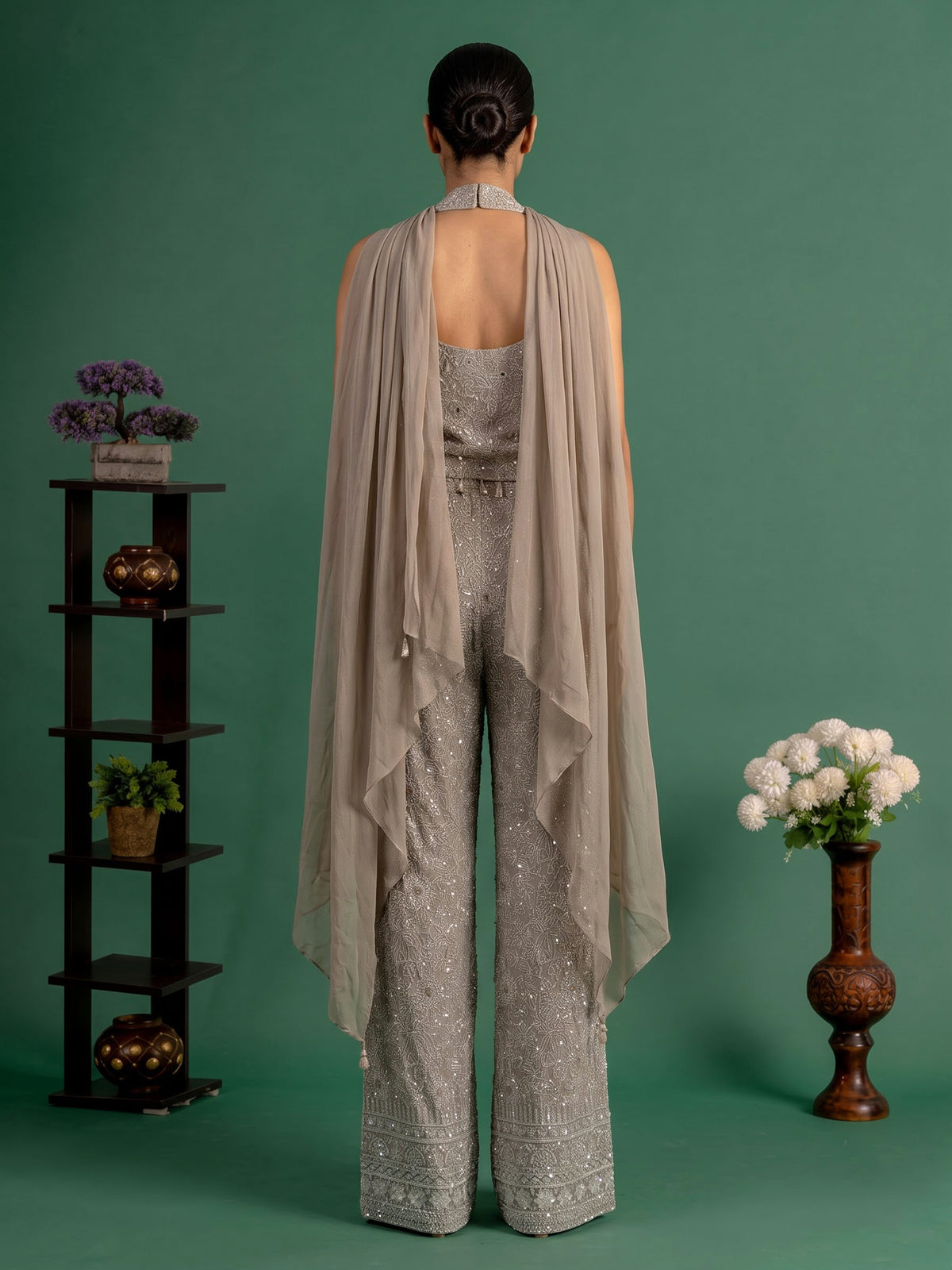 Beige georgette designer palazzo suit with embellished dupatta