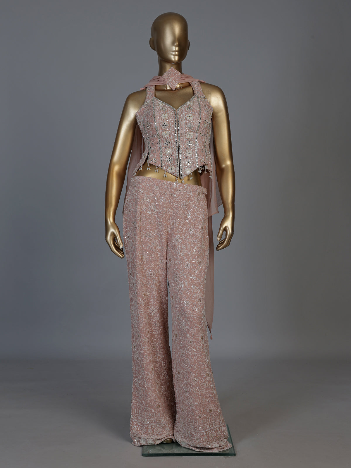 Pink georgette designer palazzo suit with embellished dupatta