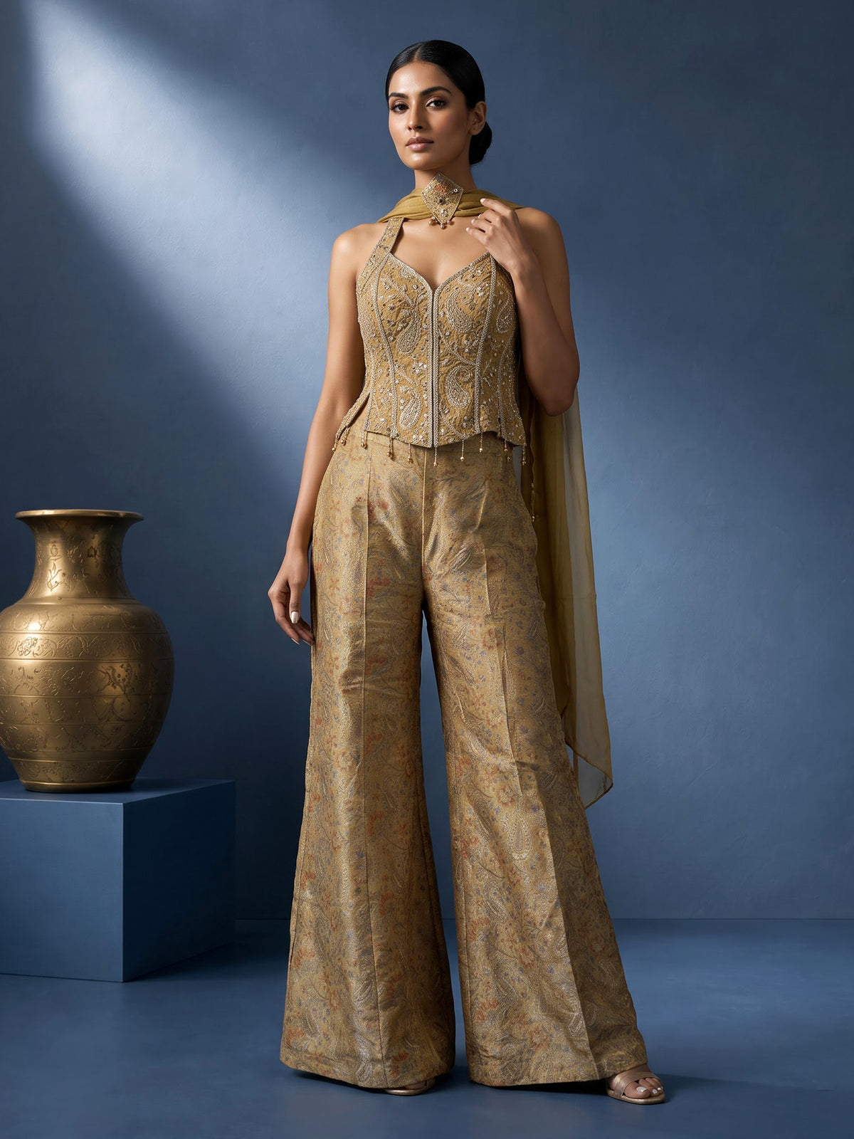 Mehendi olive printed tissue silk designer palazzo suit with dupatta