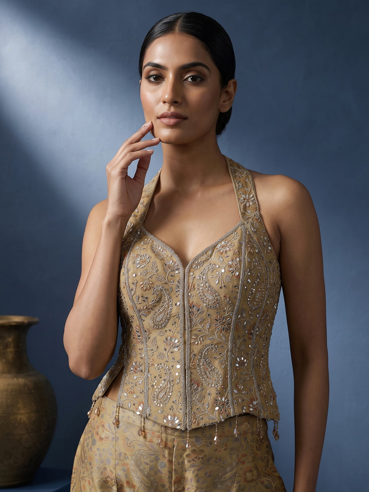 Mehendi olive printed tissue silk designer palazzo suit with dupatta