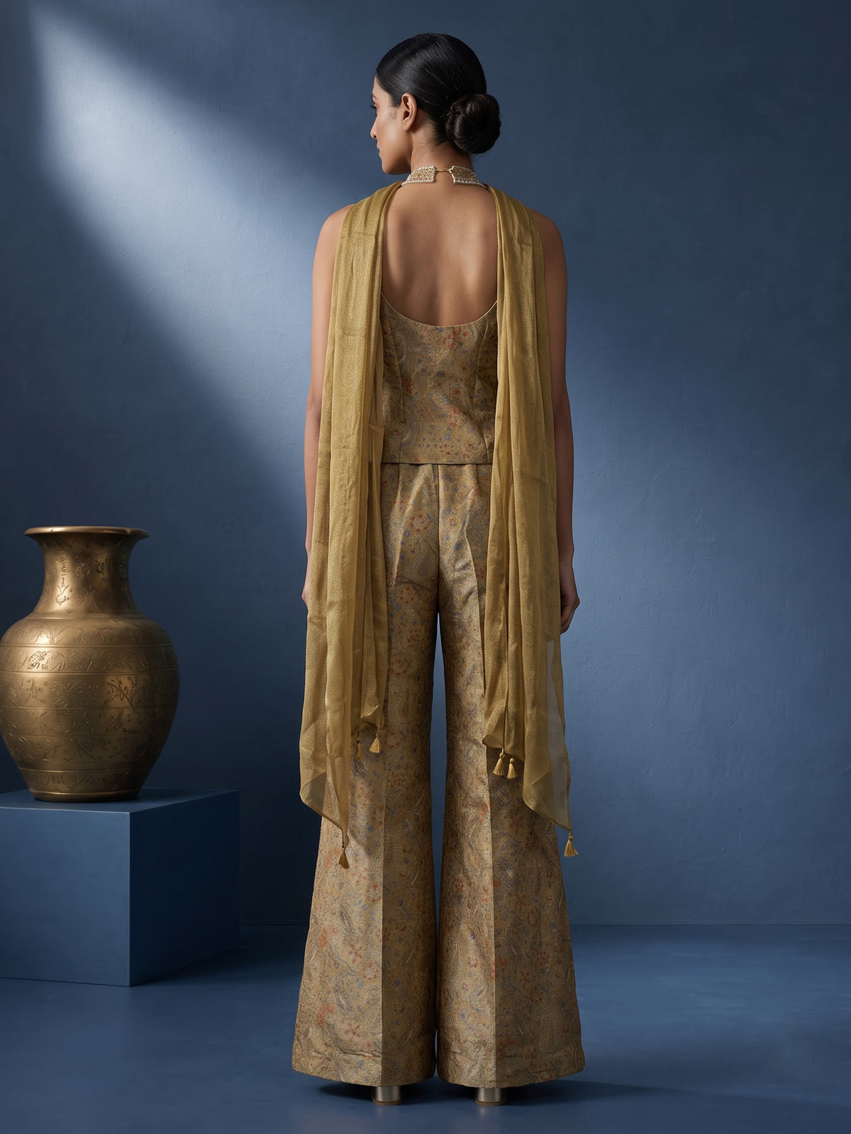 Mehendi olive printed tissue silk designer palazzo suit with dupatta
