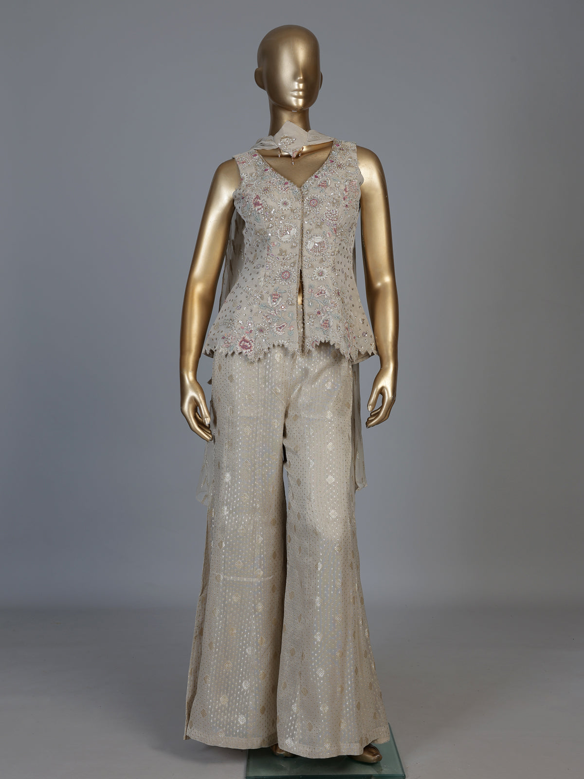 Cream tissue silk designer palazzo suit with embellished dupatta