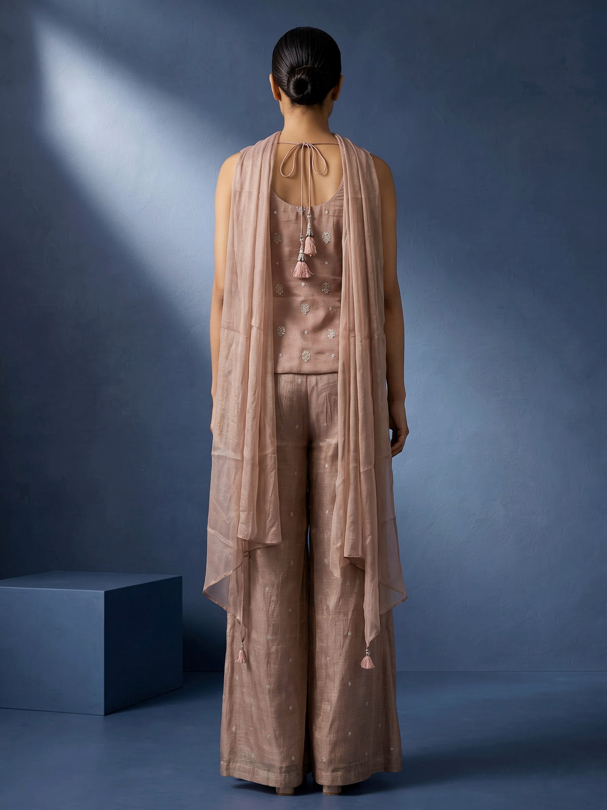 Onion pink tissue silk designer palazzo suit with elegant dupatta