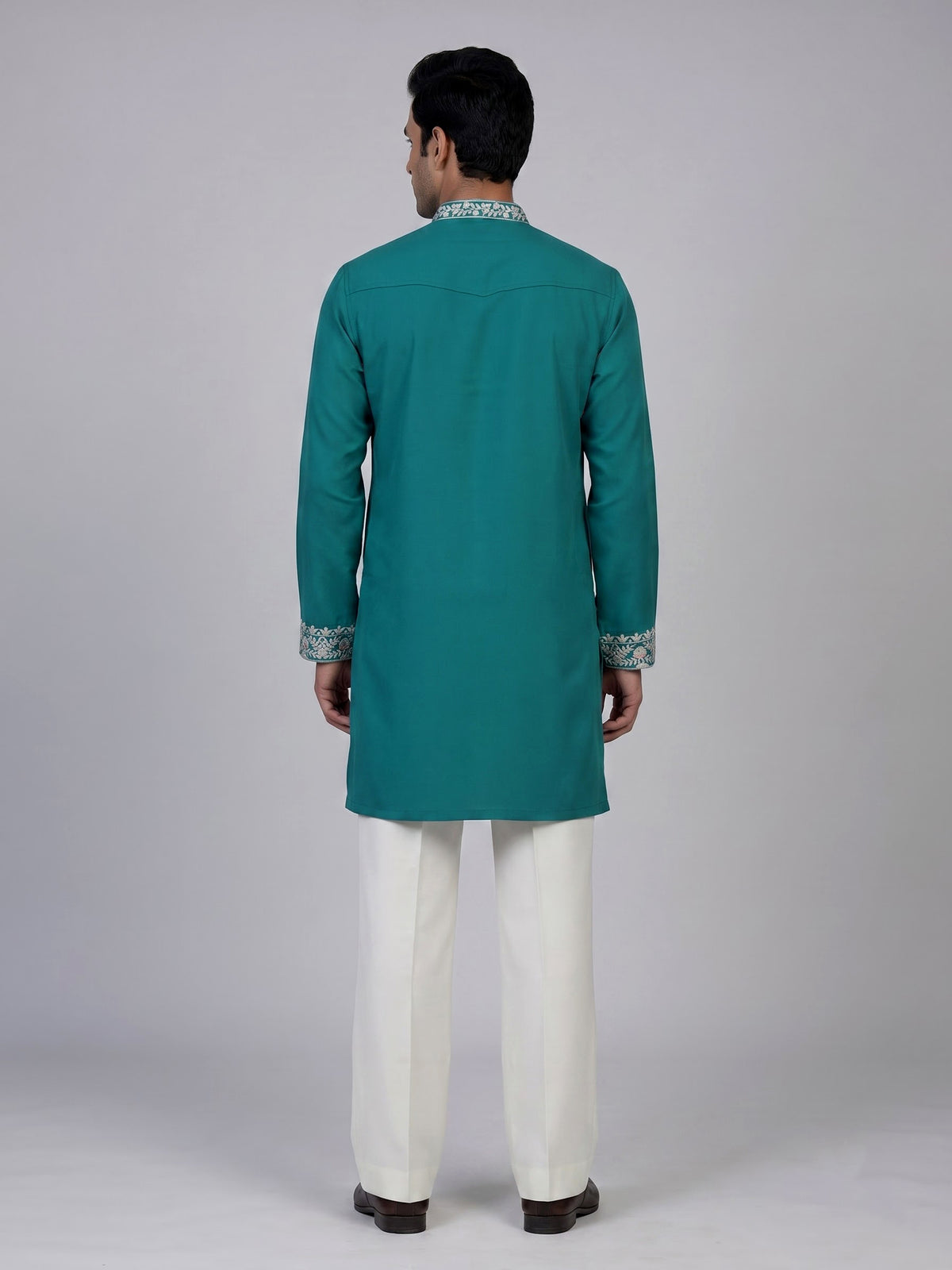 Teal blue silk blend mens kurta pajama with zardosi work