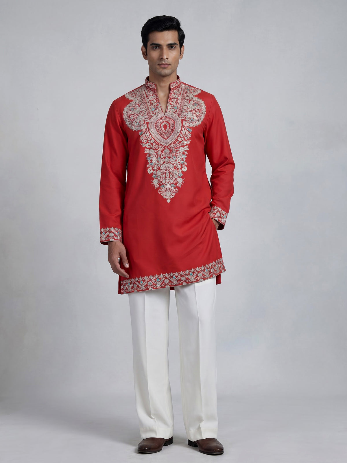 Orange silk blend mens kurta suit with floral neck style