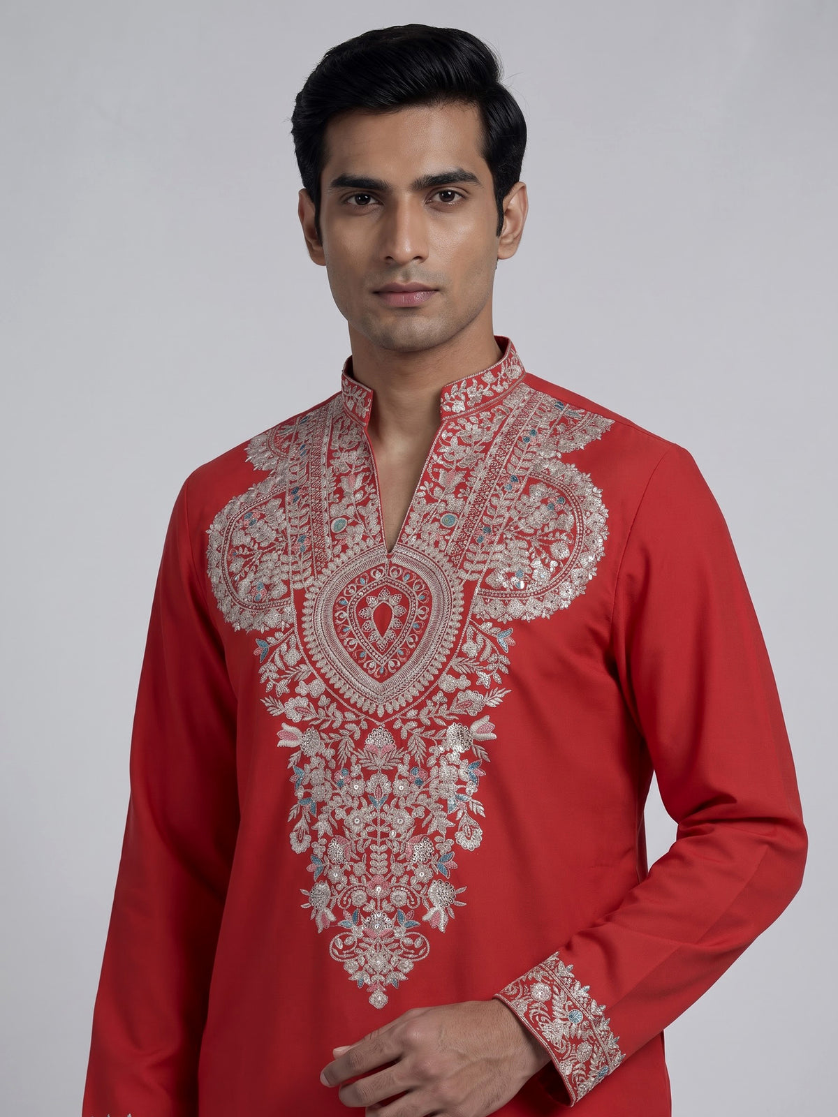 Orange silk blend mens kurta suit with floral neck style