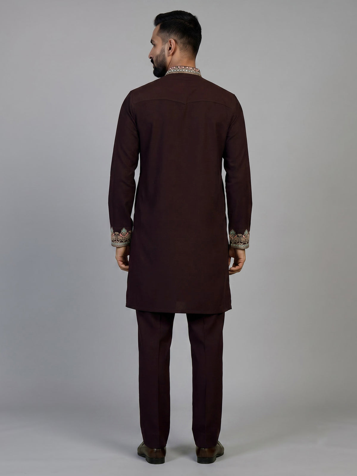 Wine silk blend mens kurta suit with kashmiri embroidery