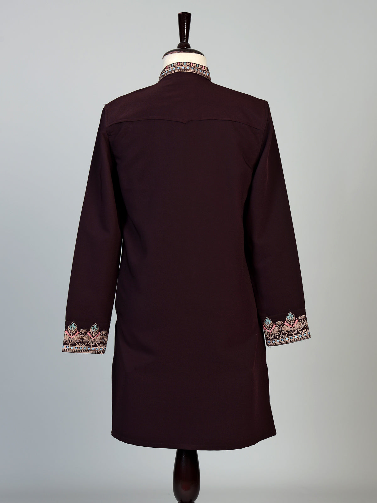Wine silk blend mens kurta suit with kashmiri embroidery