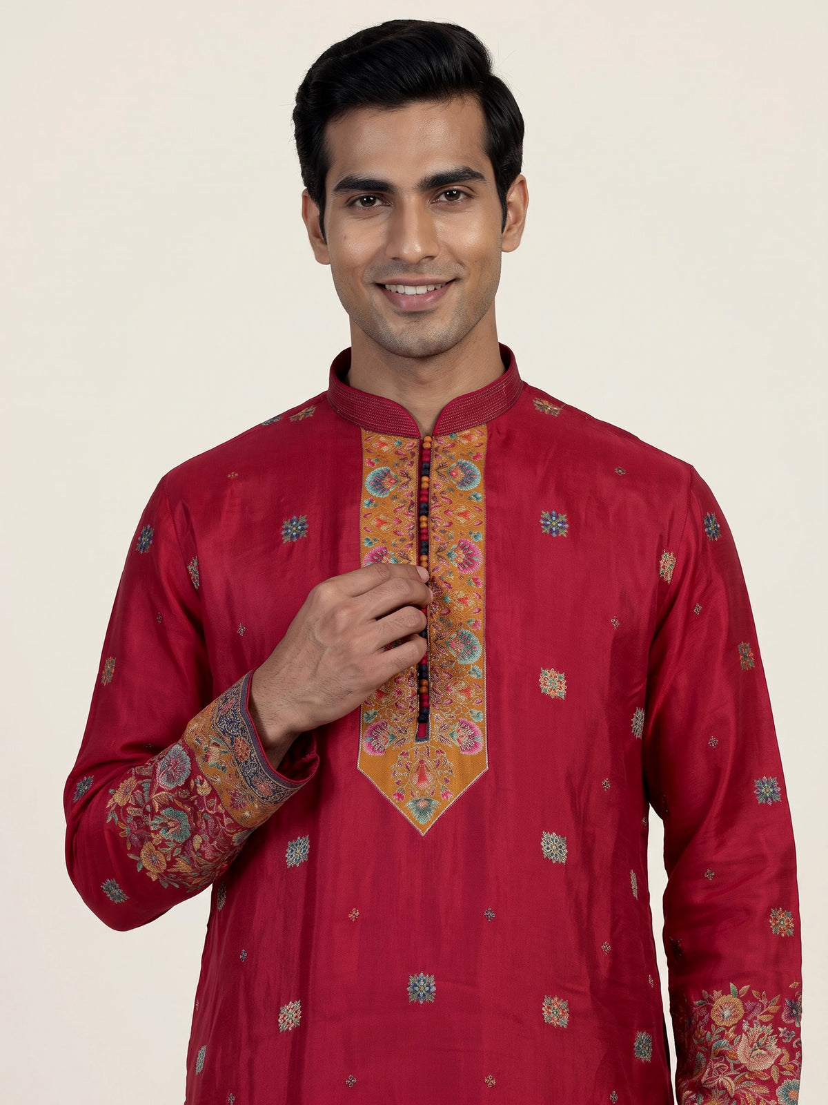 Hot pink silk mens kurta suit with kashmiri jamawar dupatta