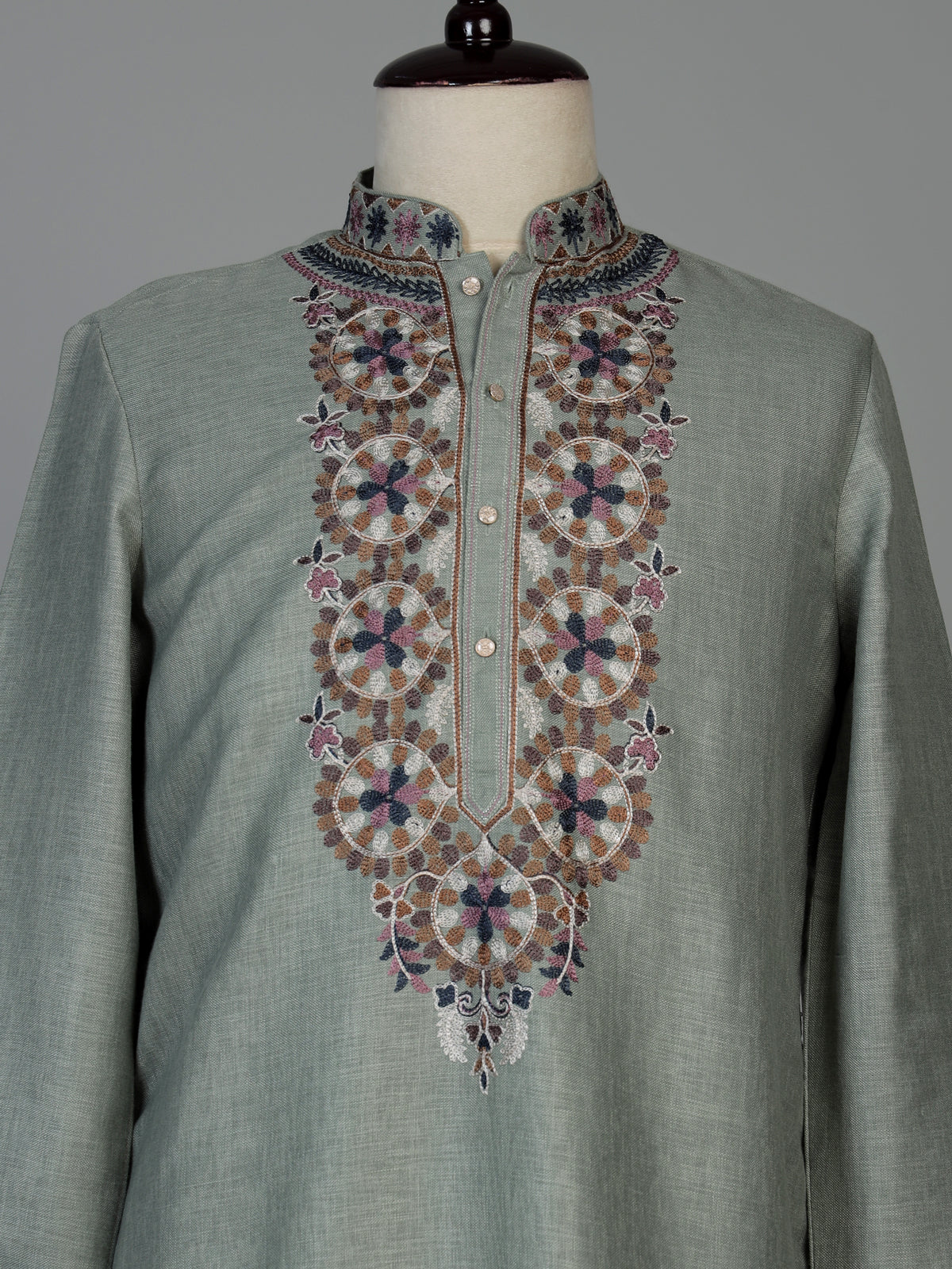 Pista green cotton linen mens kurta pajama with floral yoke