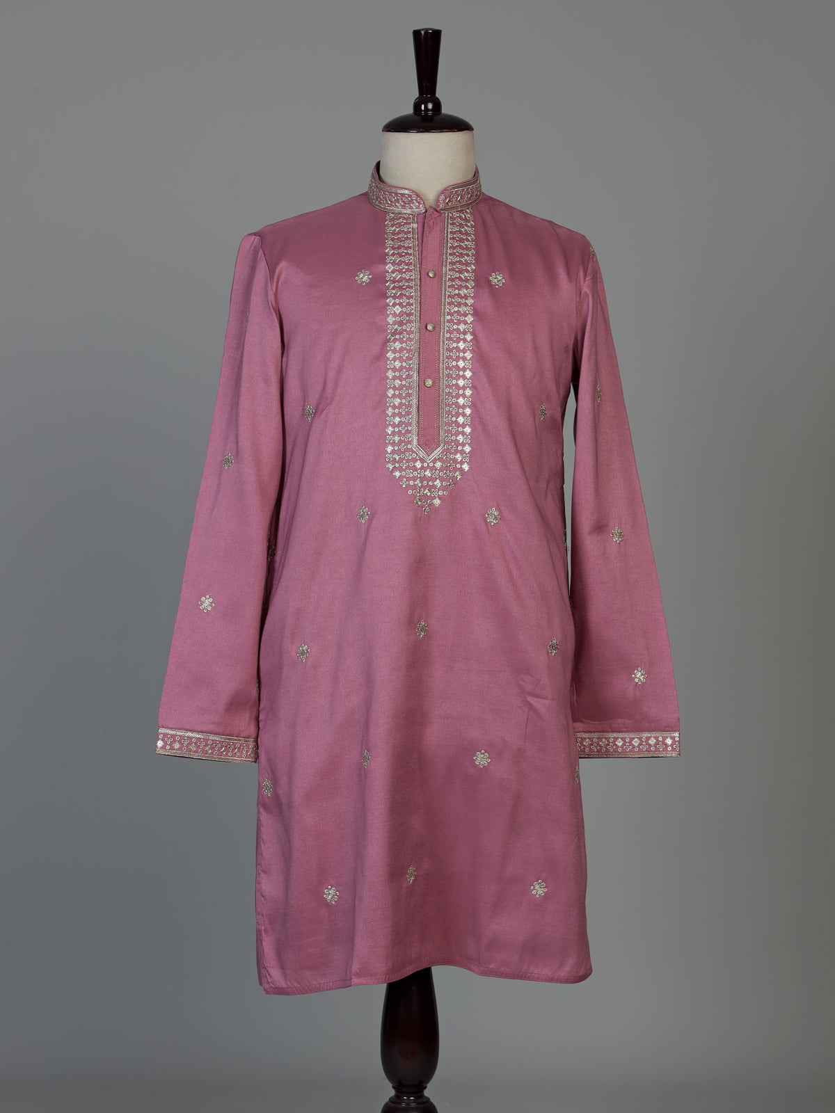 Onion pink Tussar silk mens kurta suit with zari embroidery