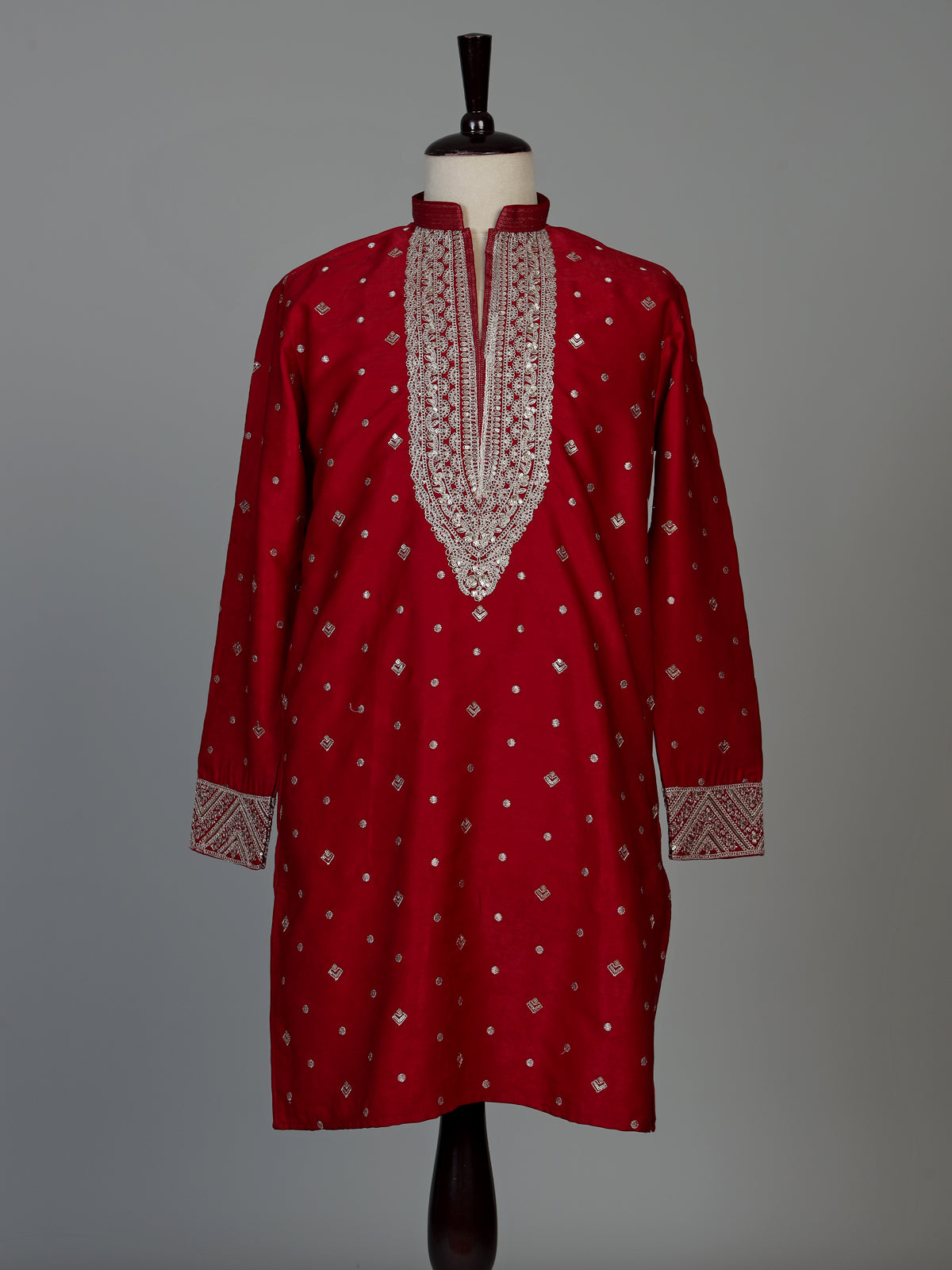 Red Dupion silk mens kurta pajama with zardosi bib