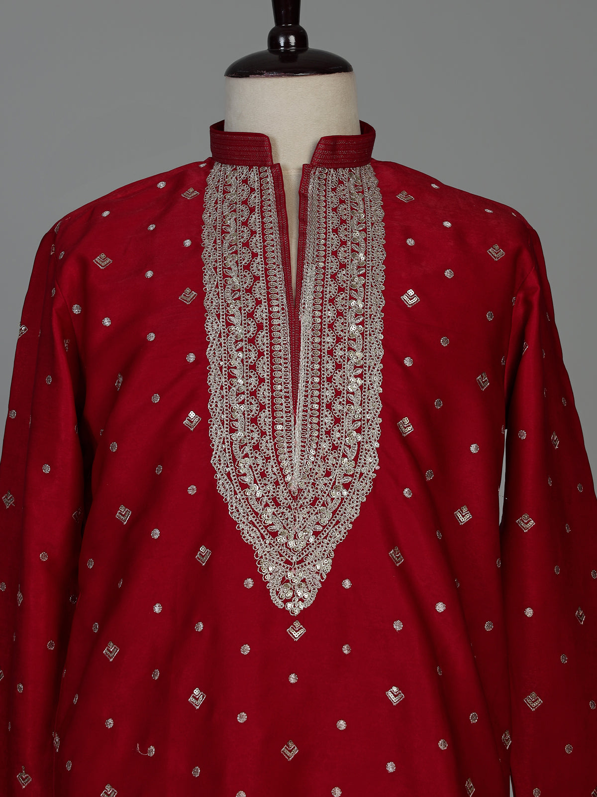 Red Dupion silk mens kurta pajama with zardosi bib