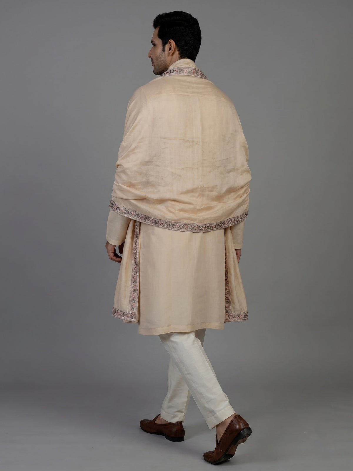 Beige cotton silk mens kurta suit with embroidered dupatta
