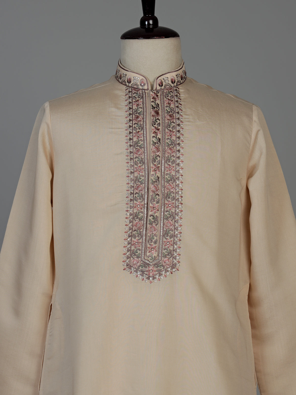 Beige cotton silk mens kurta suit with embroidered dupatta