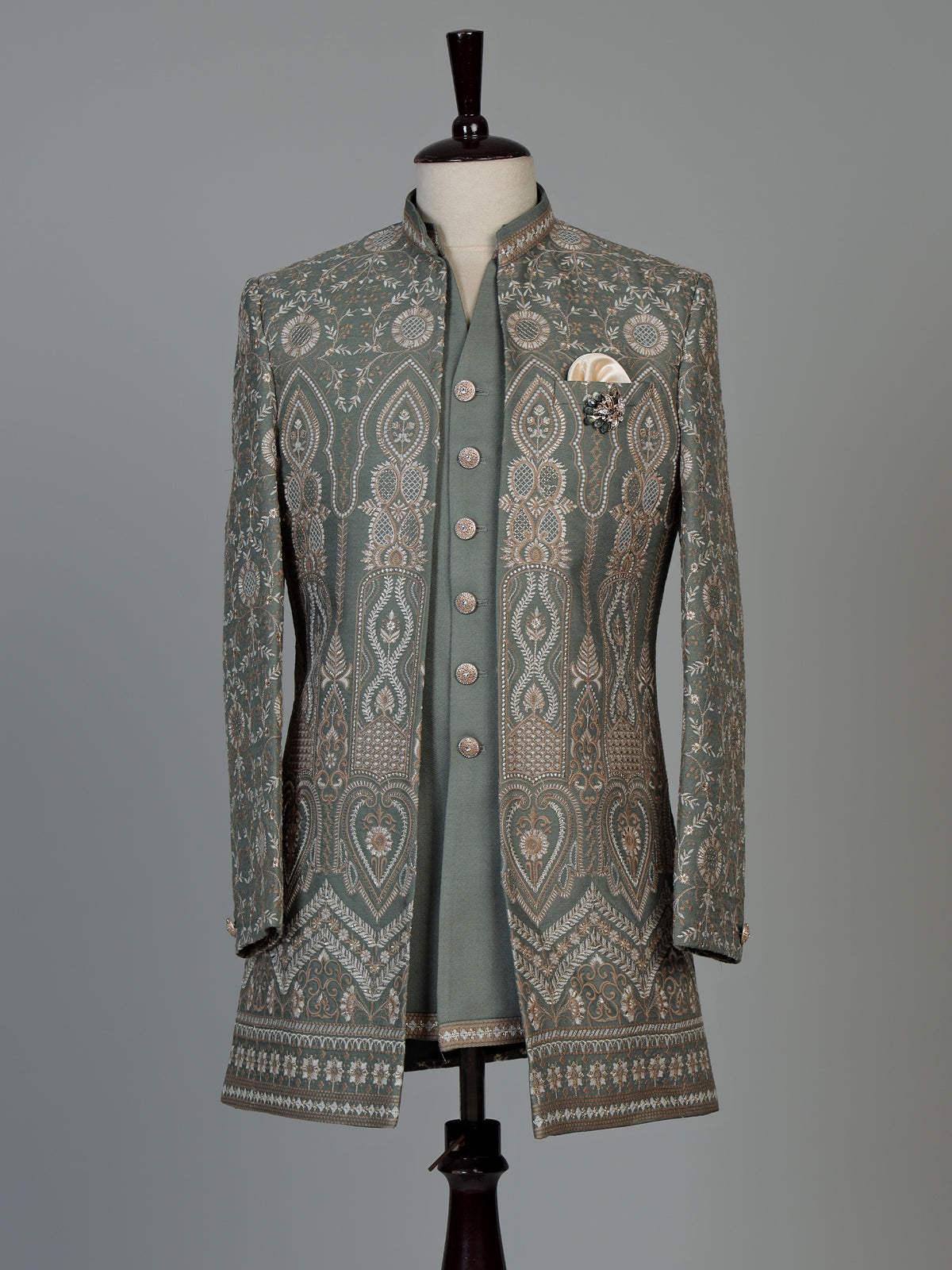 Sage green regal mens indo western open jacket with jharokha