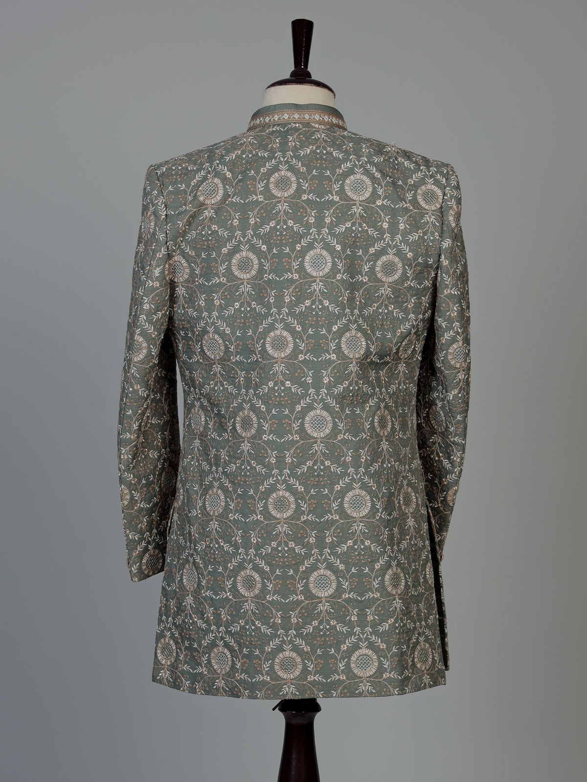 Sage green regal mens indo western open jacket with jharokha