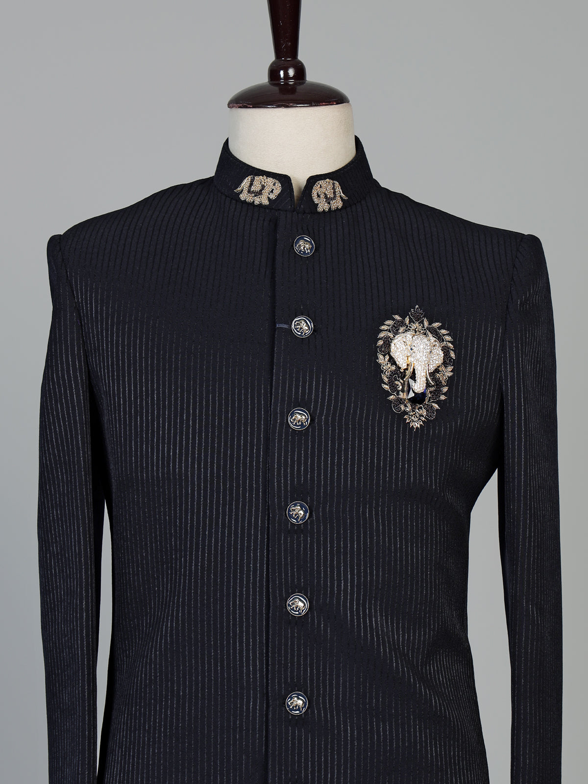 Black premium mens indo western with royal elephant brooch