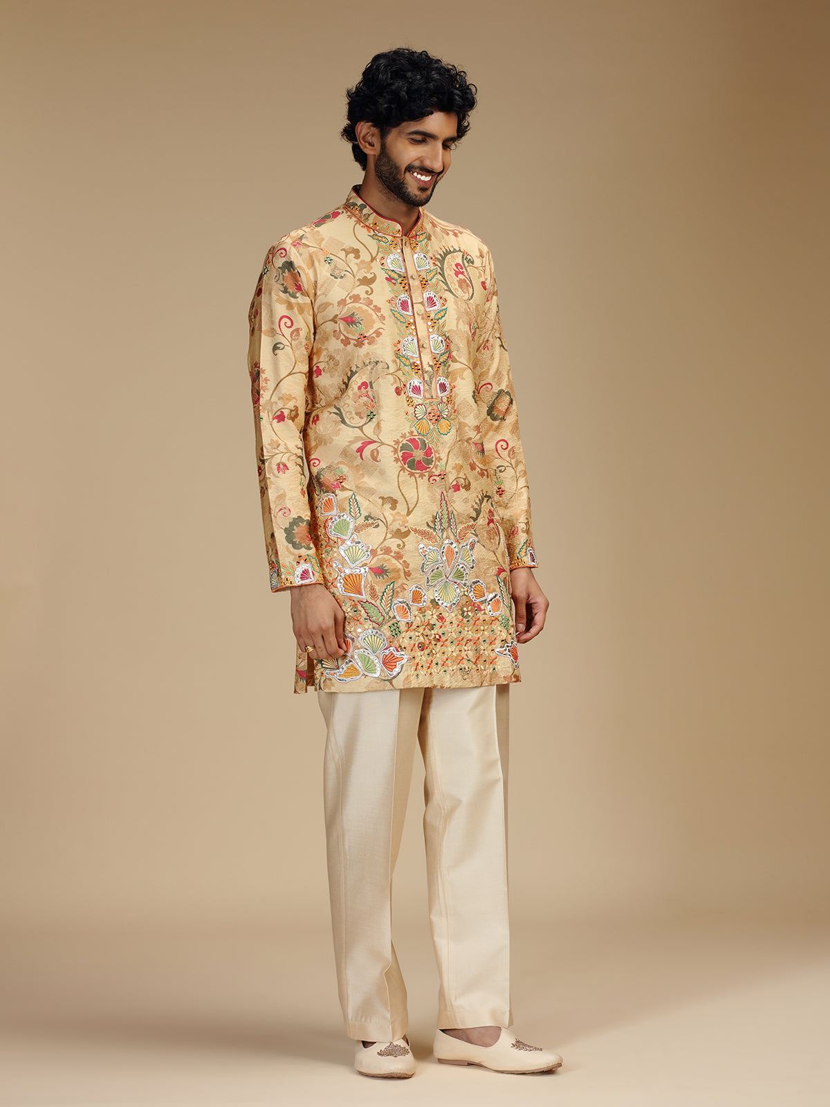 Cream paisley embroidered silk mens kurta pajama