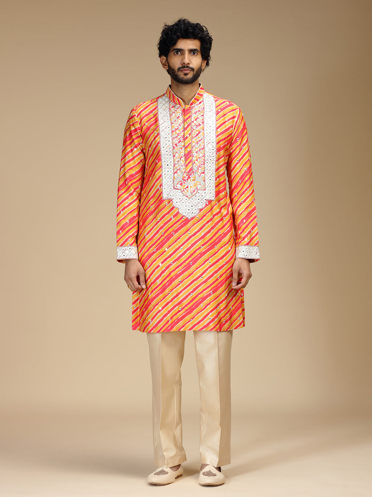 Orange leheriya printed silk mens kurta pajama