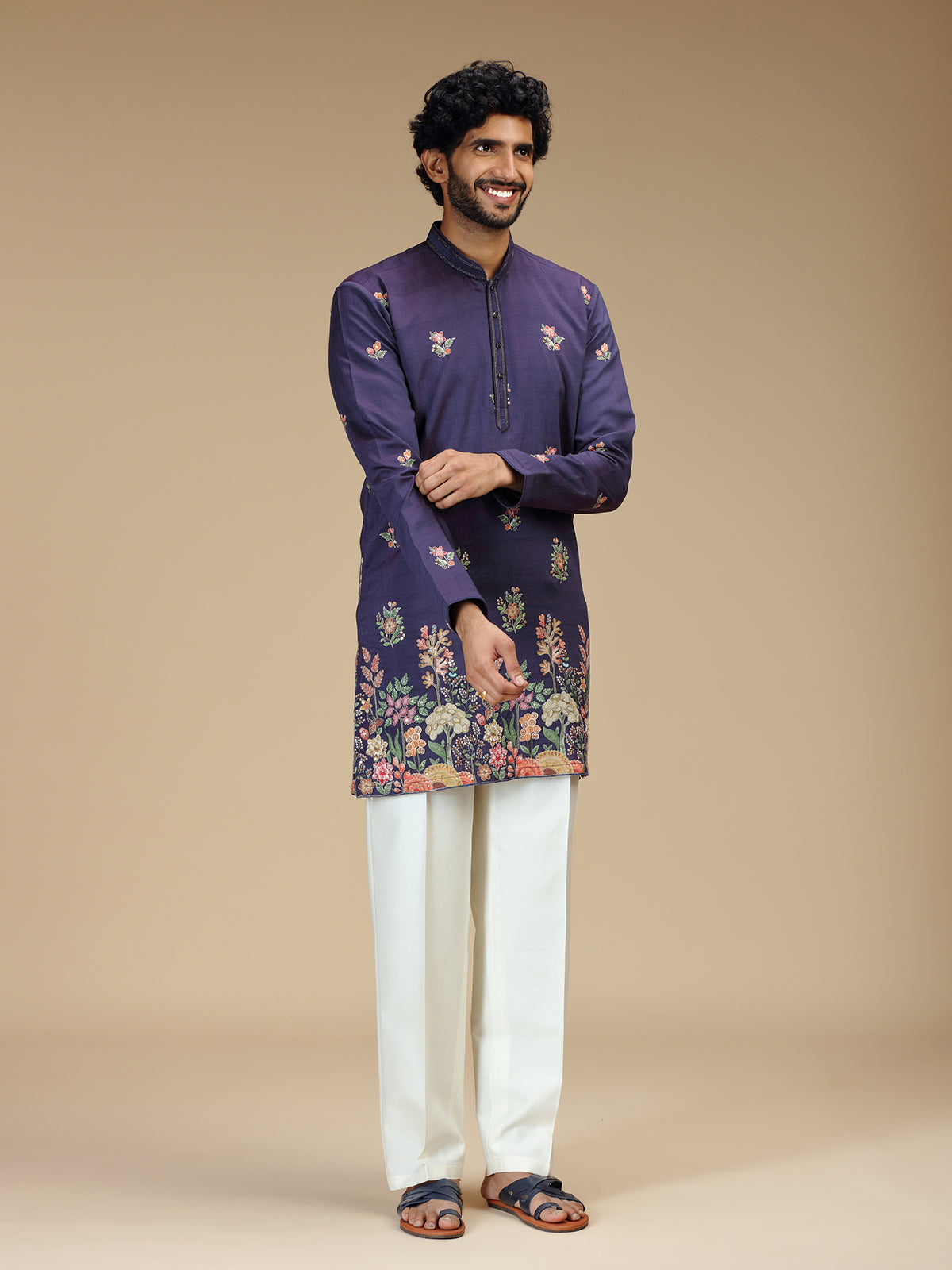 Royal purple floral embroidered mens kurta pajama