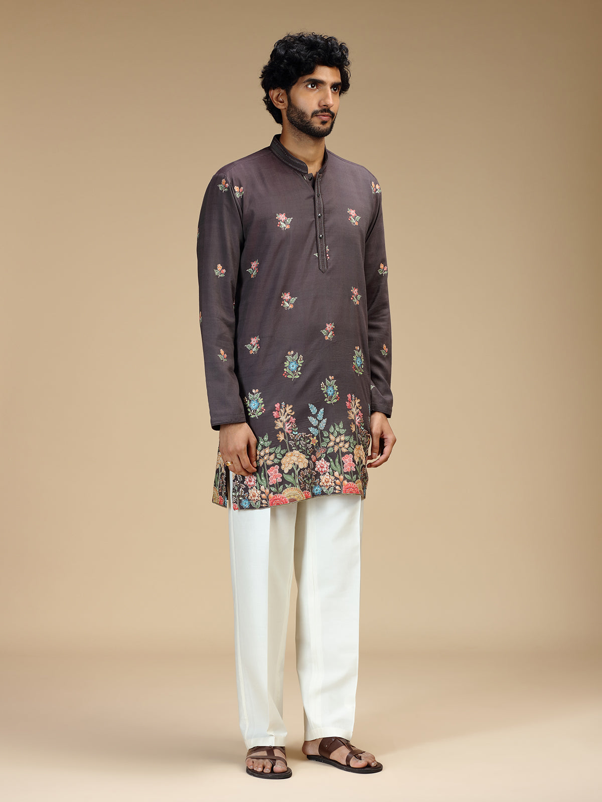 Grey floral embroidered viscose blend kurta pajama
