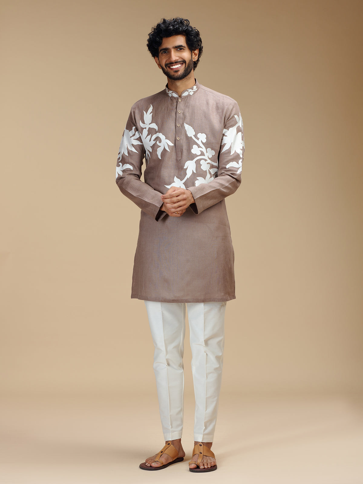 Dusty brown botanical patchwork linen kurta pajama