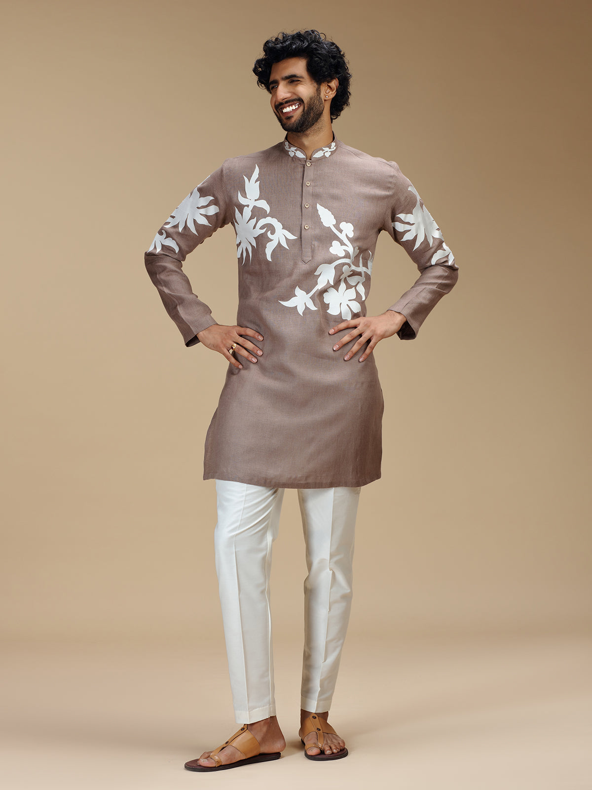 Dusty brown botanical patchwork linen kurta pajama