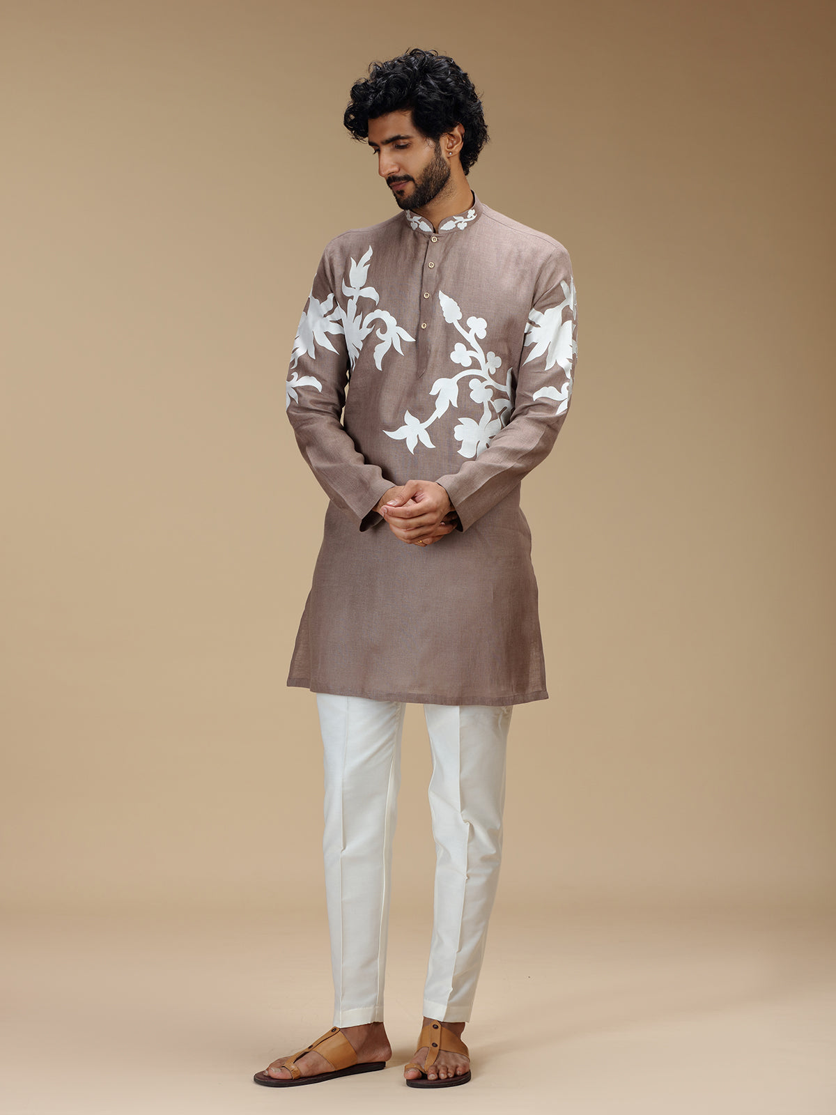 Dusty brown botanical patchwork linen kurta pajama