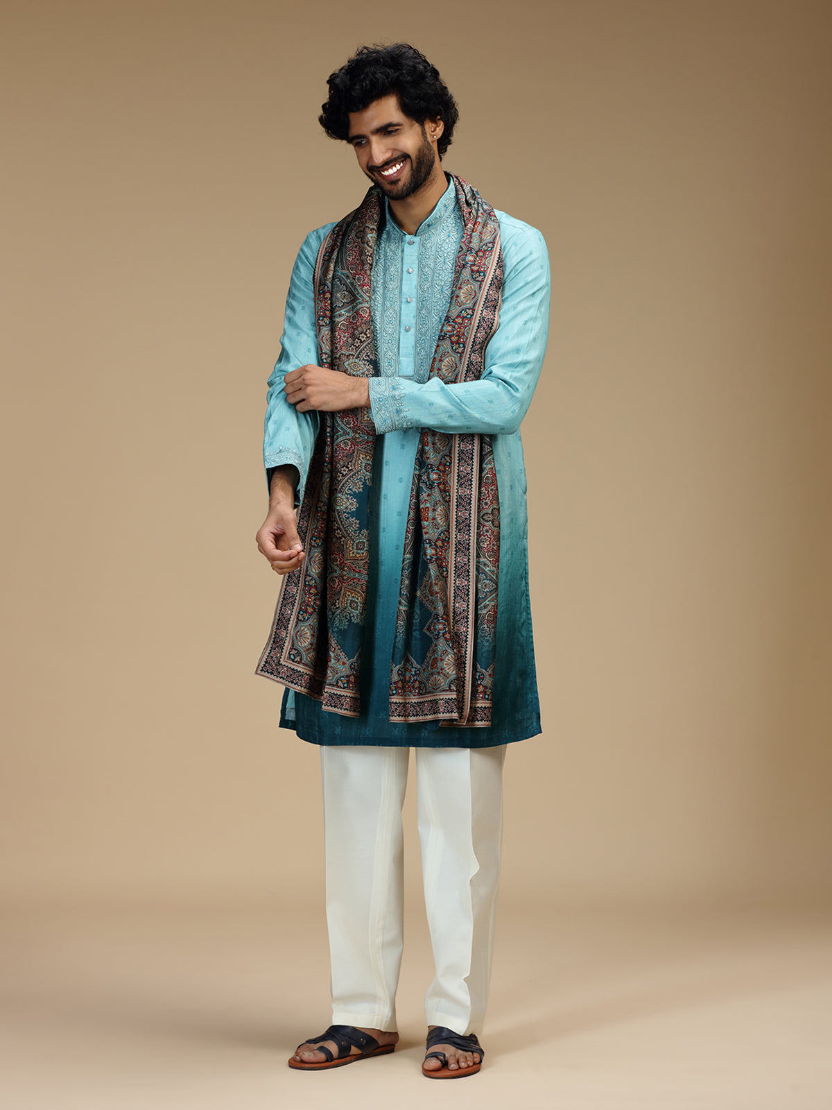 Blue ombre floral embroidered silk blend kurta pajama