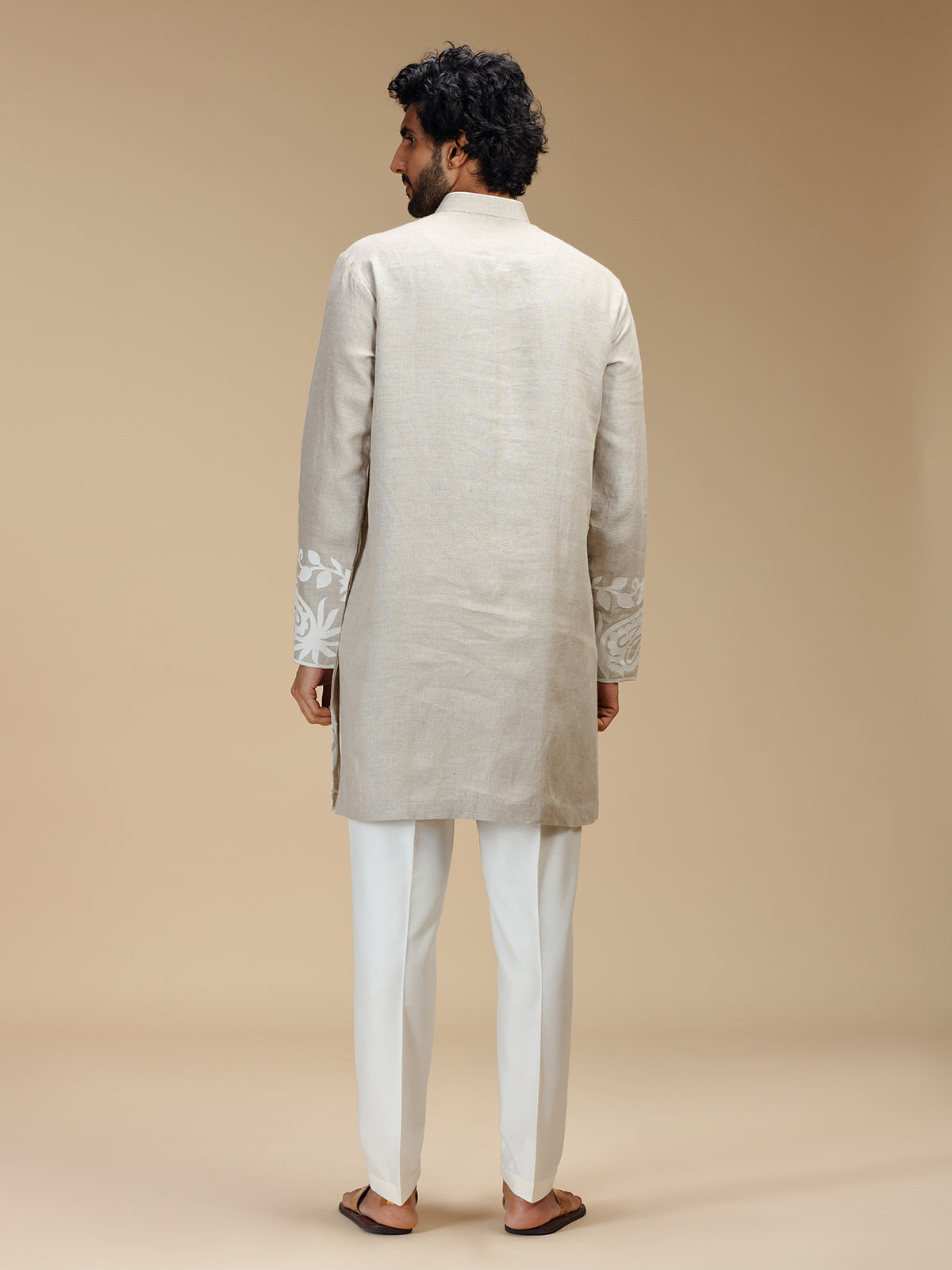 Beige botanical patchwork linen kurta pajama