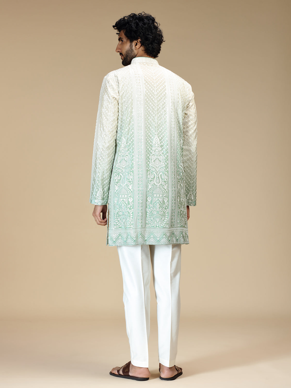 White green shaded chikankari silk blend kurta pajama