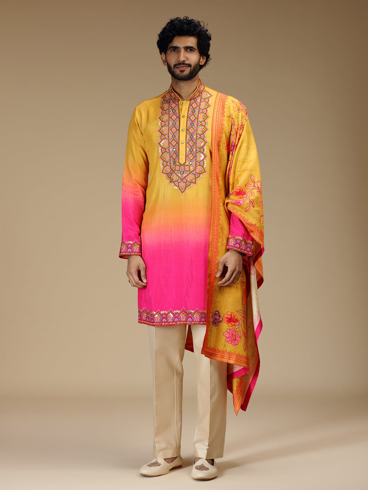 Yellow pink shaded floral silk blend kurta pajama