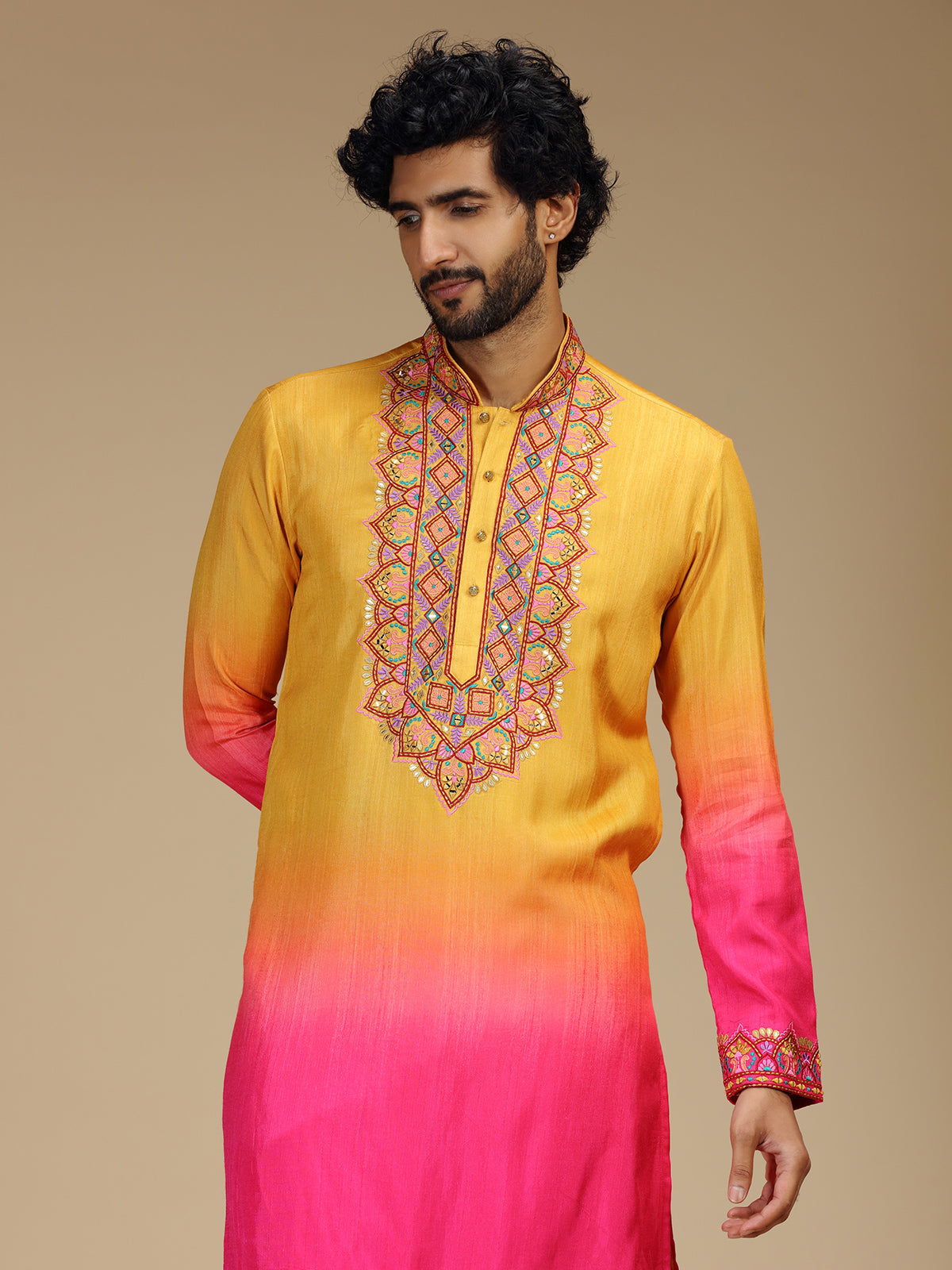 Yellow pink shaded floral silk blend kurta pajama