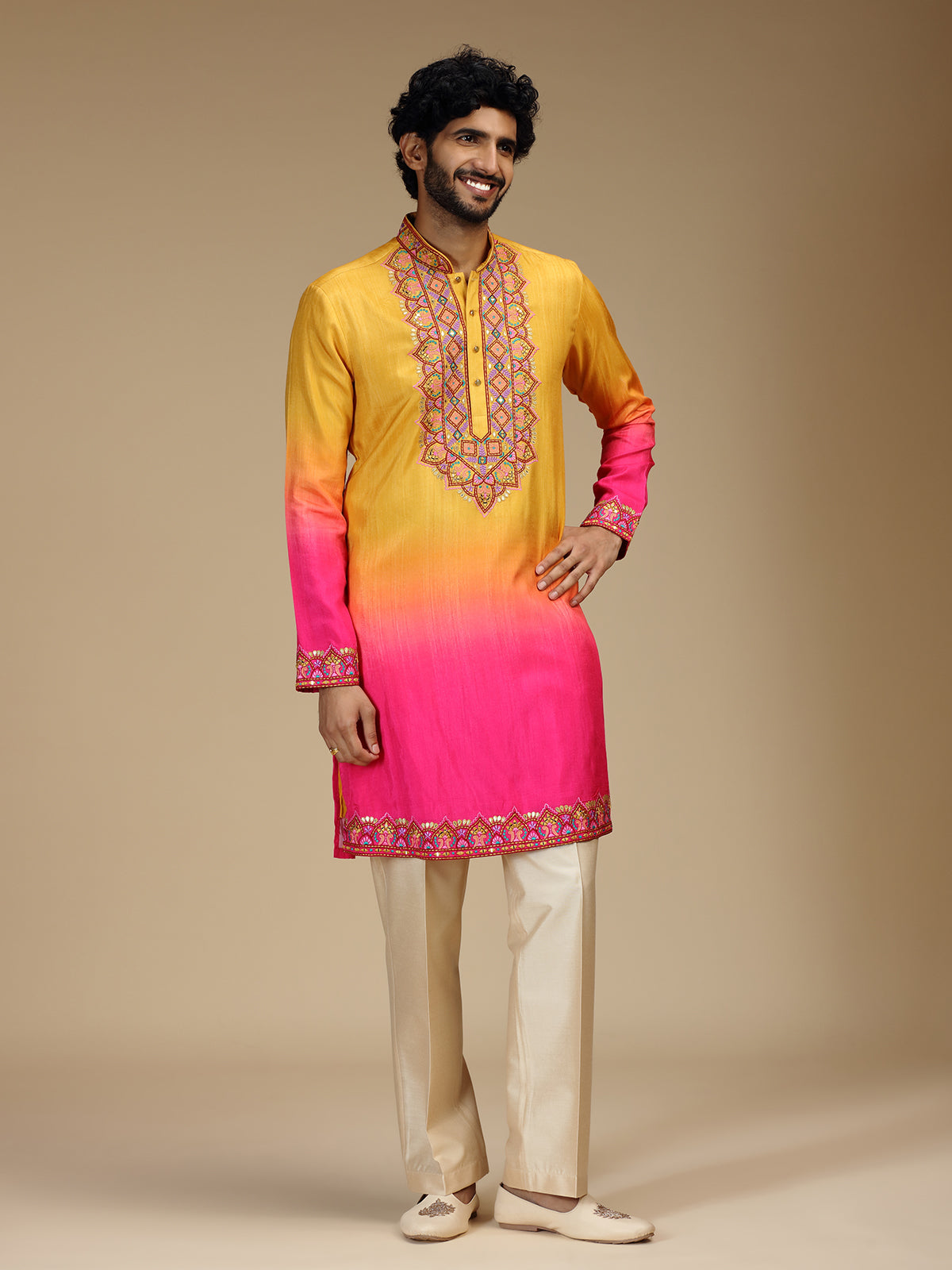 Yellow pink shaded floral silk blend kurta pajama