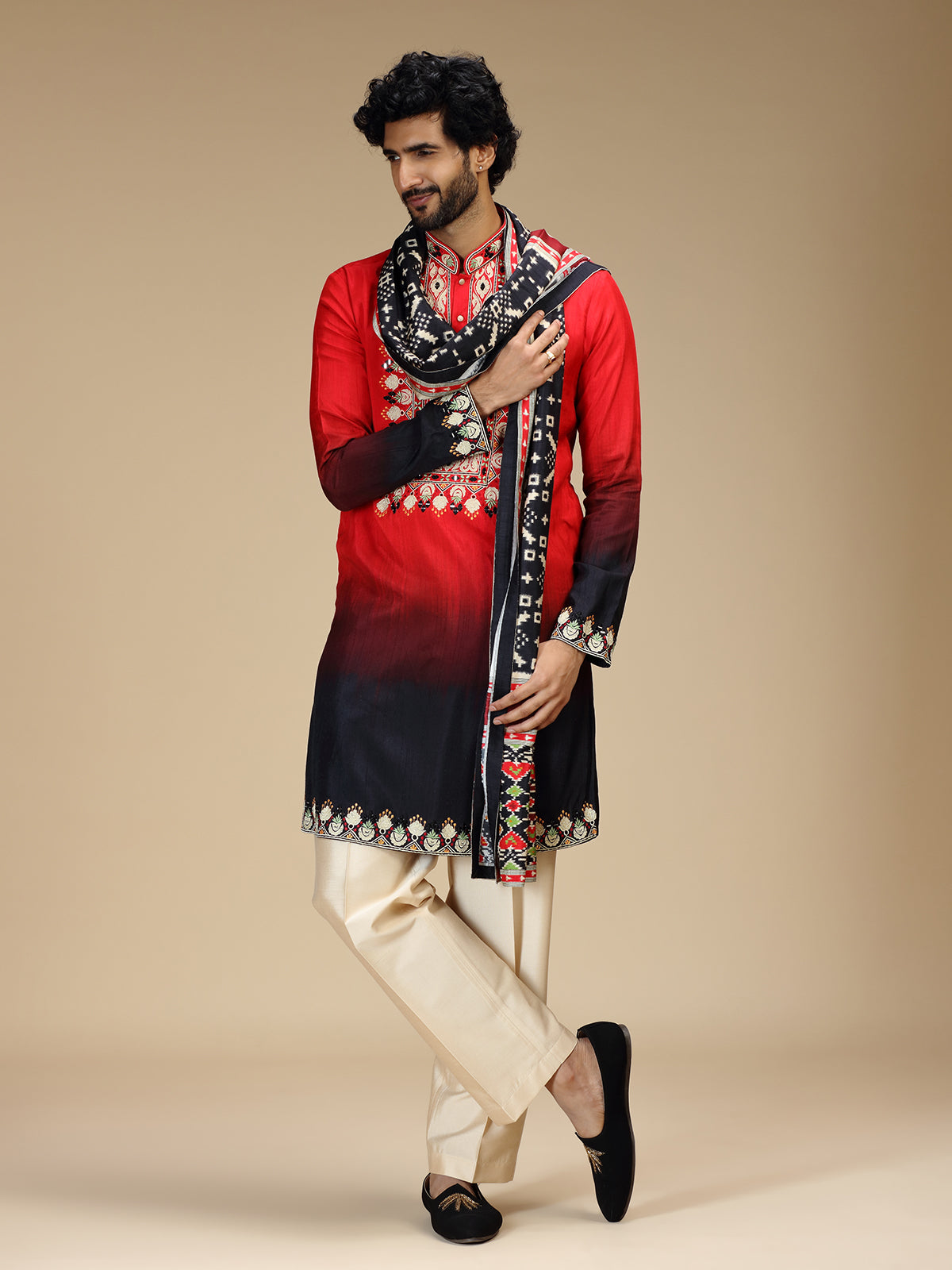 Red black shaded aabla embroidered silk kurta pajama