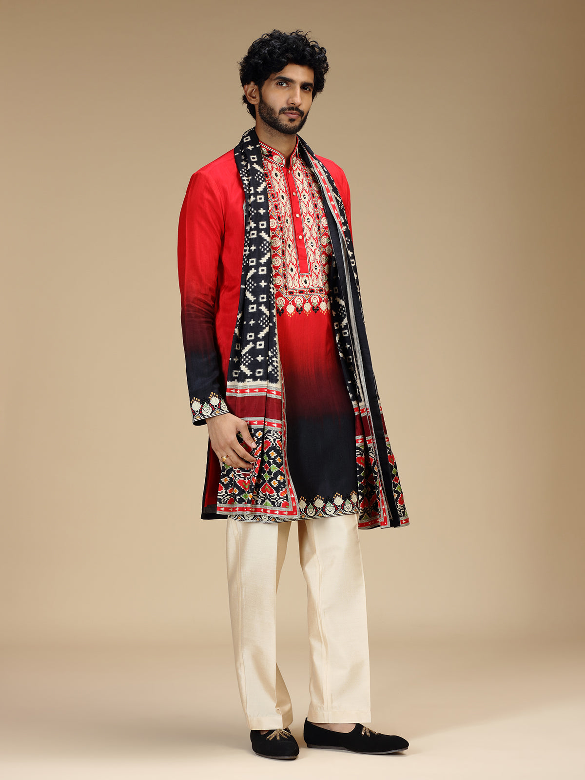 Red black shaded aabla embroidered silk kurta pajama
