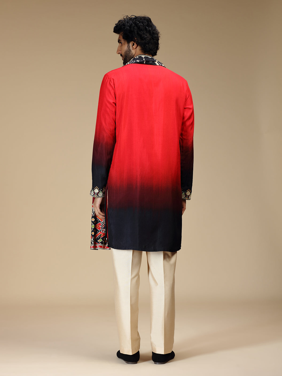 Red black shaded aabla embroidered silk kurta pajama