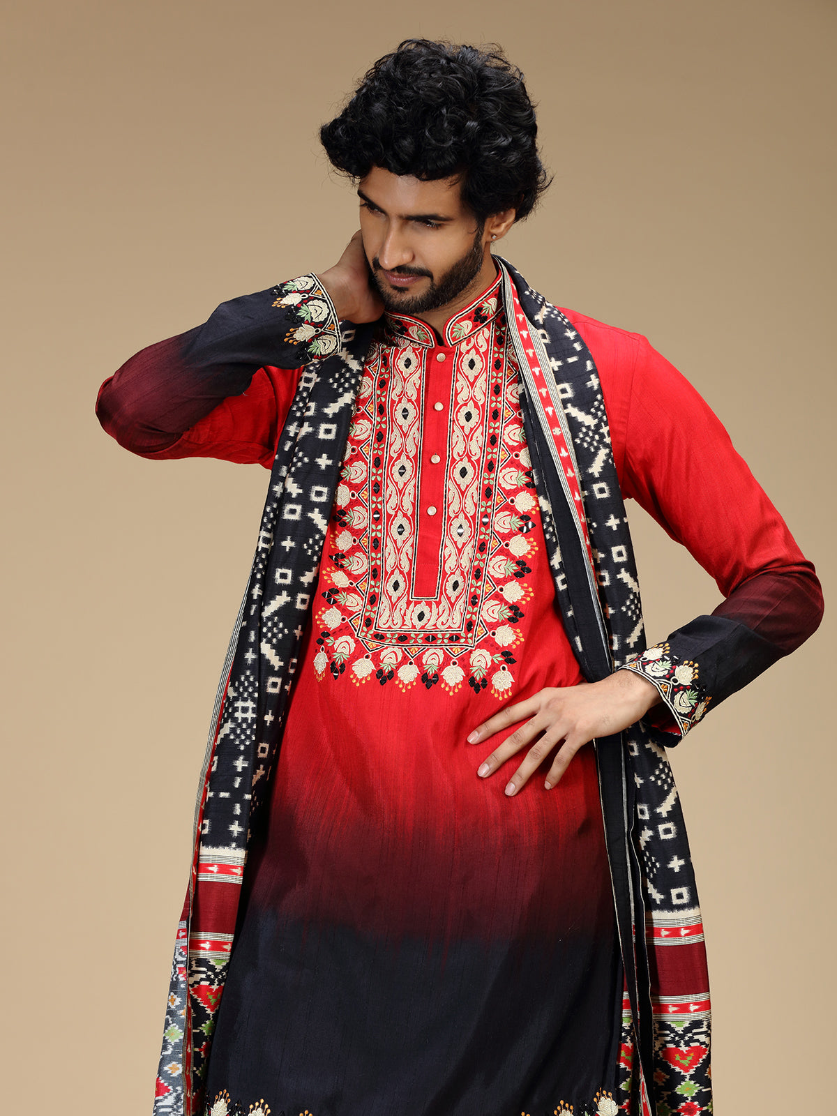 Red black shaded aabla embroidered silk kurta pajama
