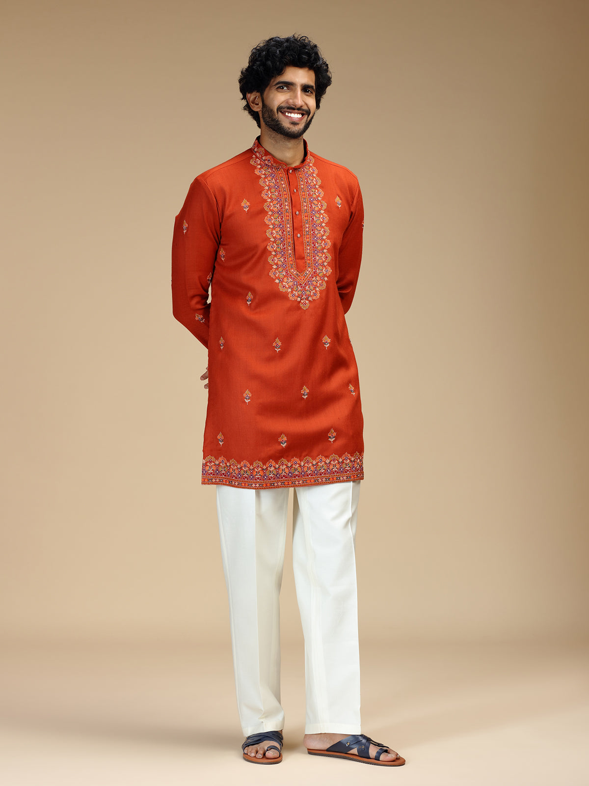 Rust orange floral bead embroidered Pashmina kurta pajama