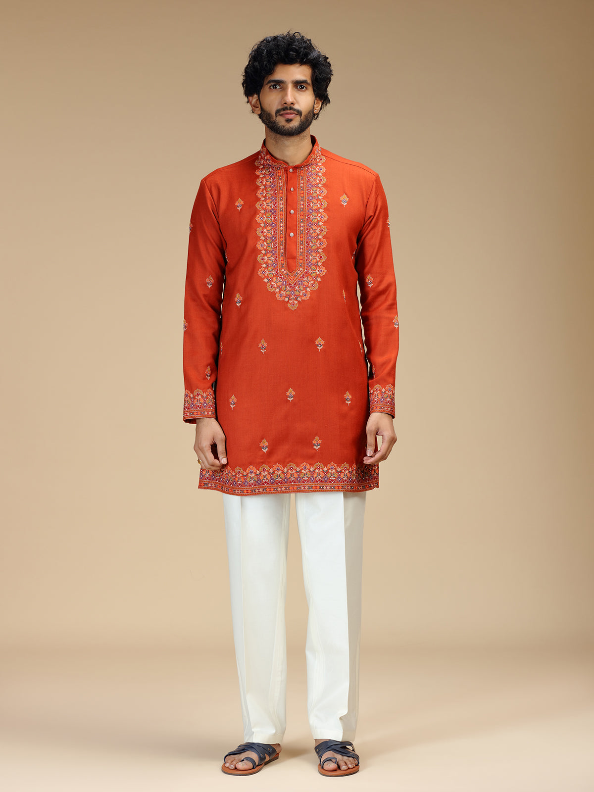 Rust orange floral bead embroidered Pashmina kurta pajama