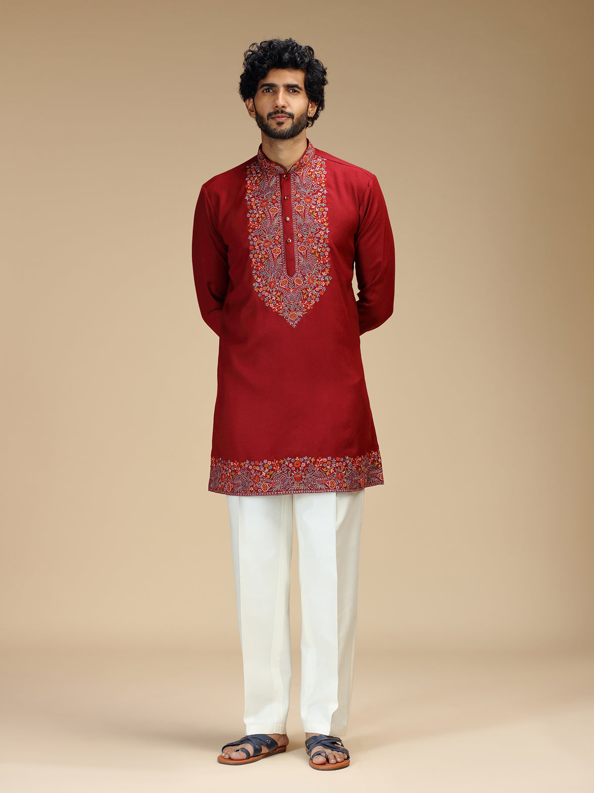 Deep maroon Parsi Gara floral Pashmina kurta pajama