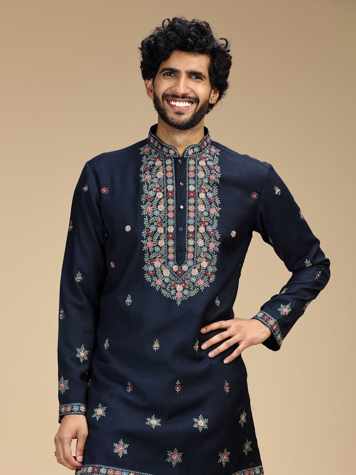 Navy blue floral zari embroidered Pashmina kurta pajama