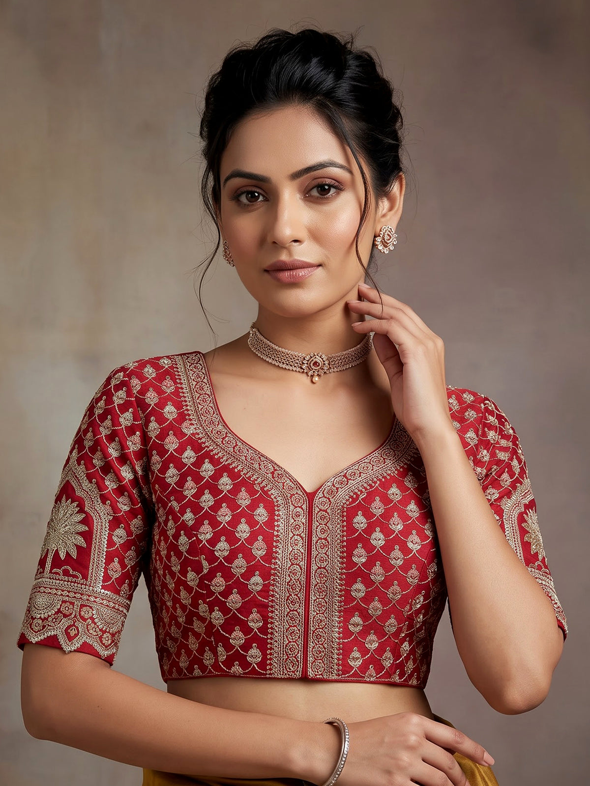 Red raw silk bridal lehenga choli with mughal motifs