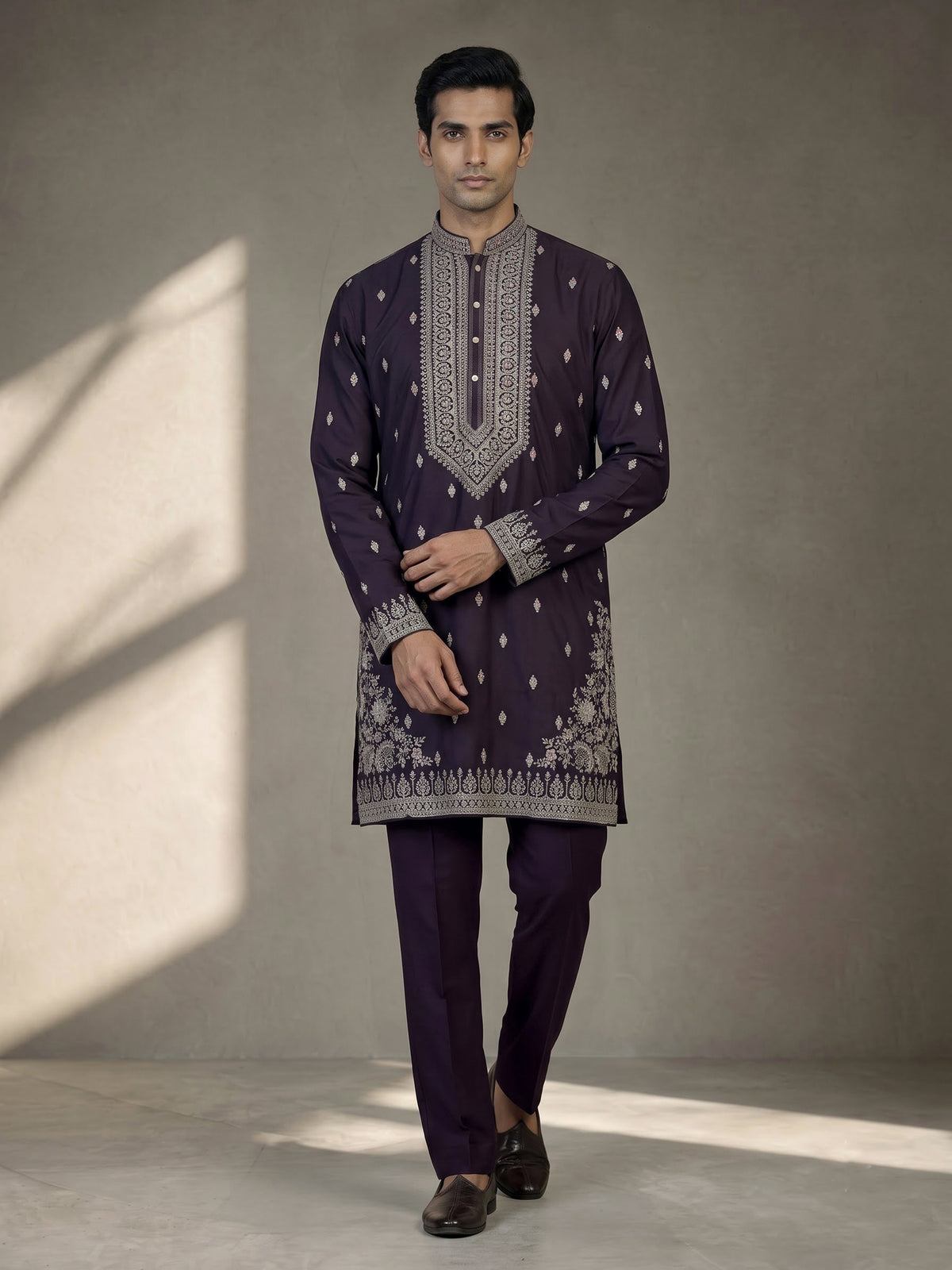Midnight black georgette embroidered men kurta suit