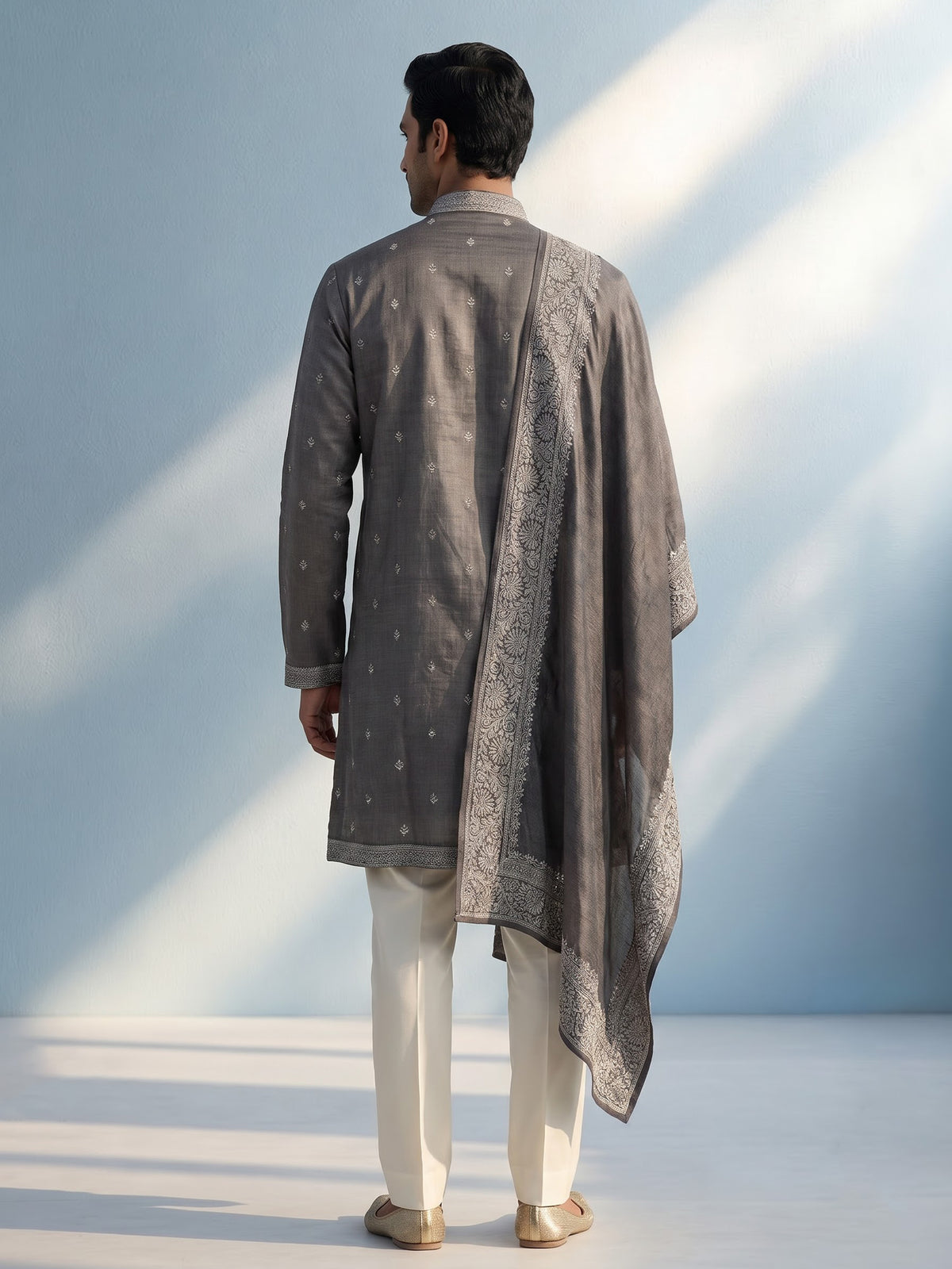 Metallic charcoal grey silk blend three piece men kurta suit