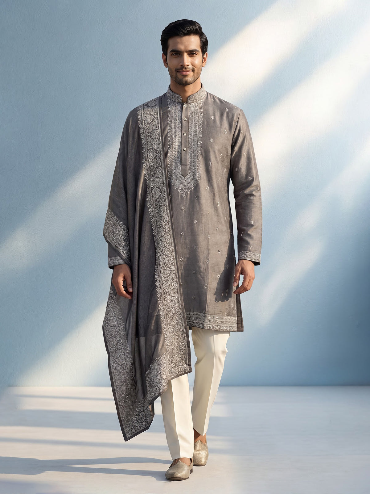 Metallic charcoal grey silk blend three piece men kurta suit