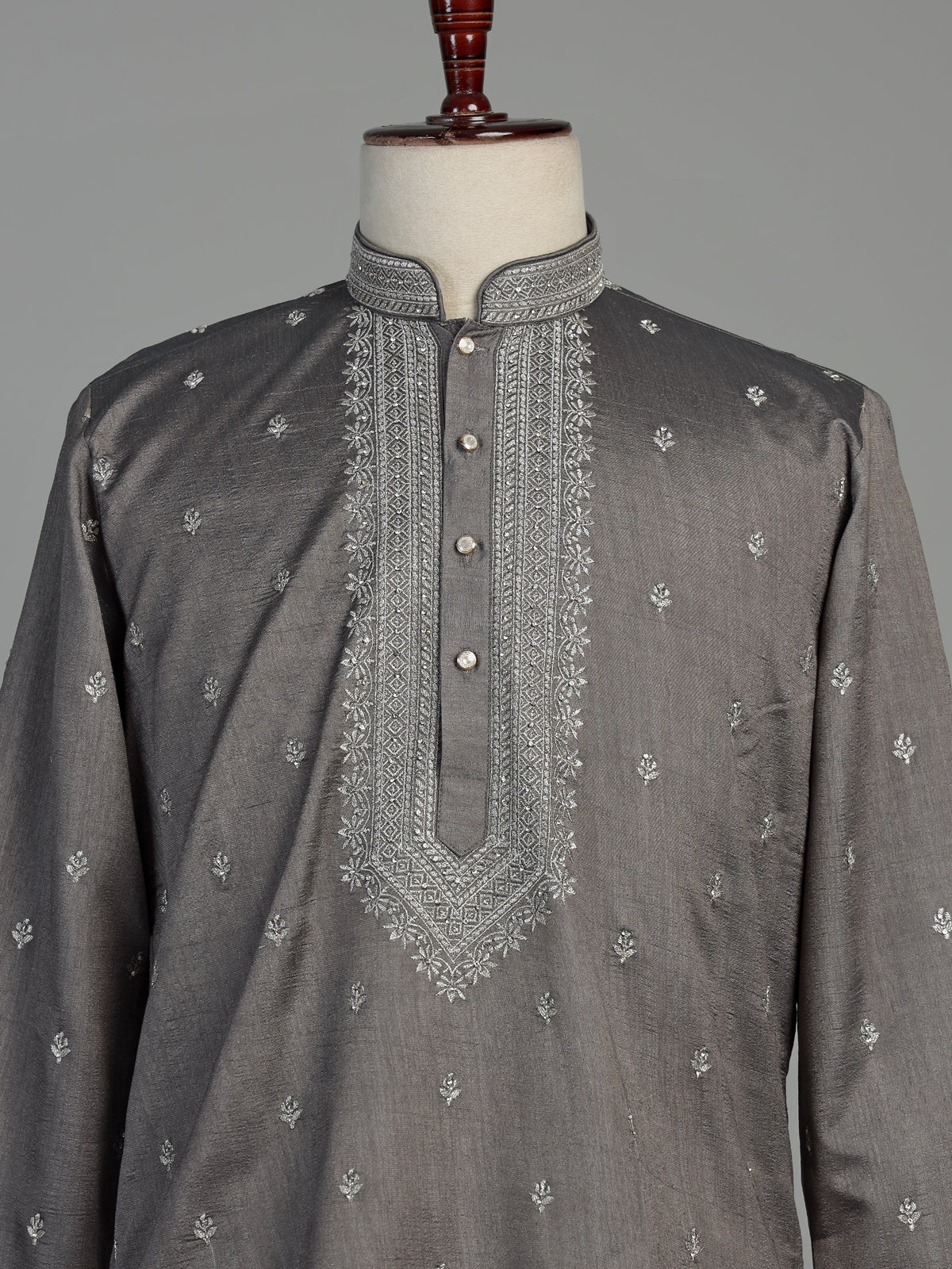 Metallic charcoal grey silk blend three piece men kurta suit
