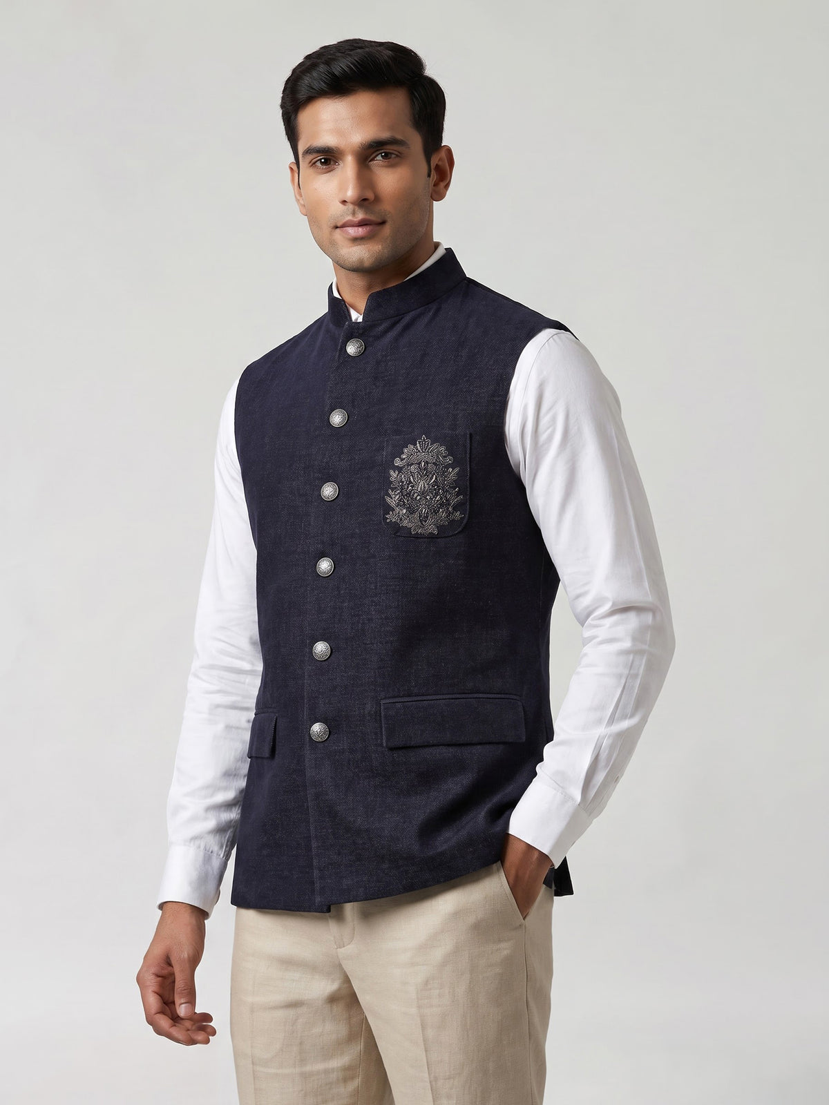 Midnight navy blue mens embroidered waistcoat